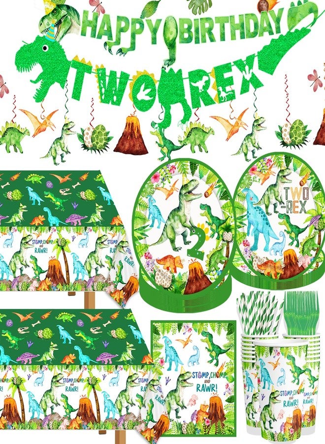 BIGKEOKI Two Rex Birthday Decorations Boy Watercolor Dinosaur 2nd Bday Party Plates Napkins Cups Tablecloth Hanging Swirls Banner Straws Forks for Dinosaur 2nd Bday Decor Party Supplies - Image 1